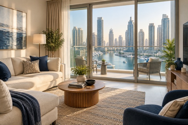 Apartamento mobiliado com vista para uma marina em Dubai; cena ilustrativa
